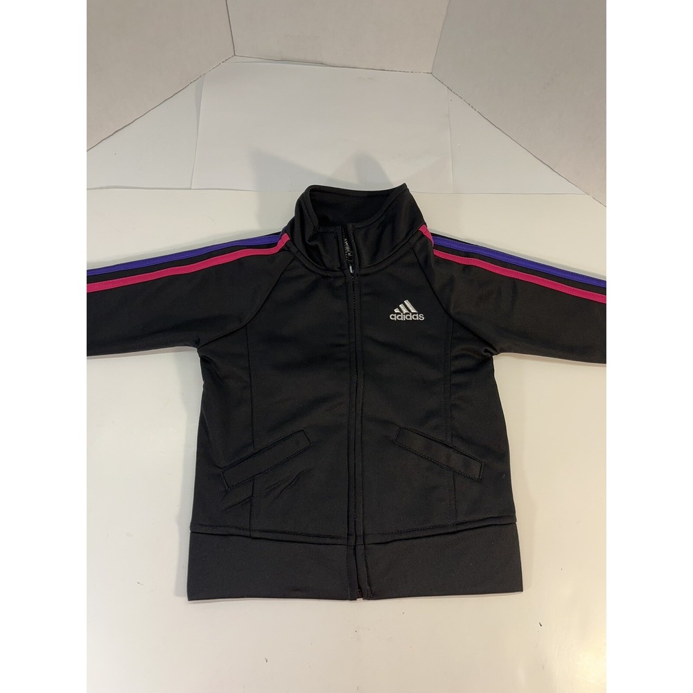 12 Month Girl Adidas Zip Up Jacket Black Coat Colorful Stripes Lightweight